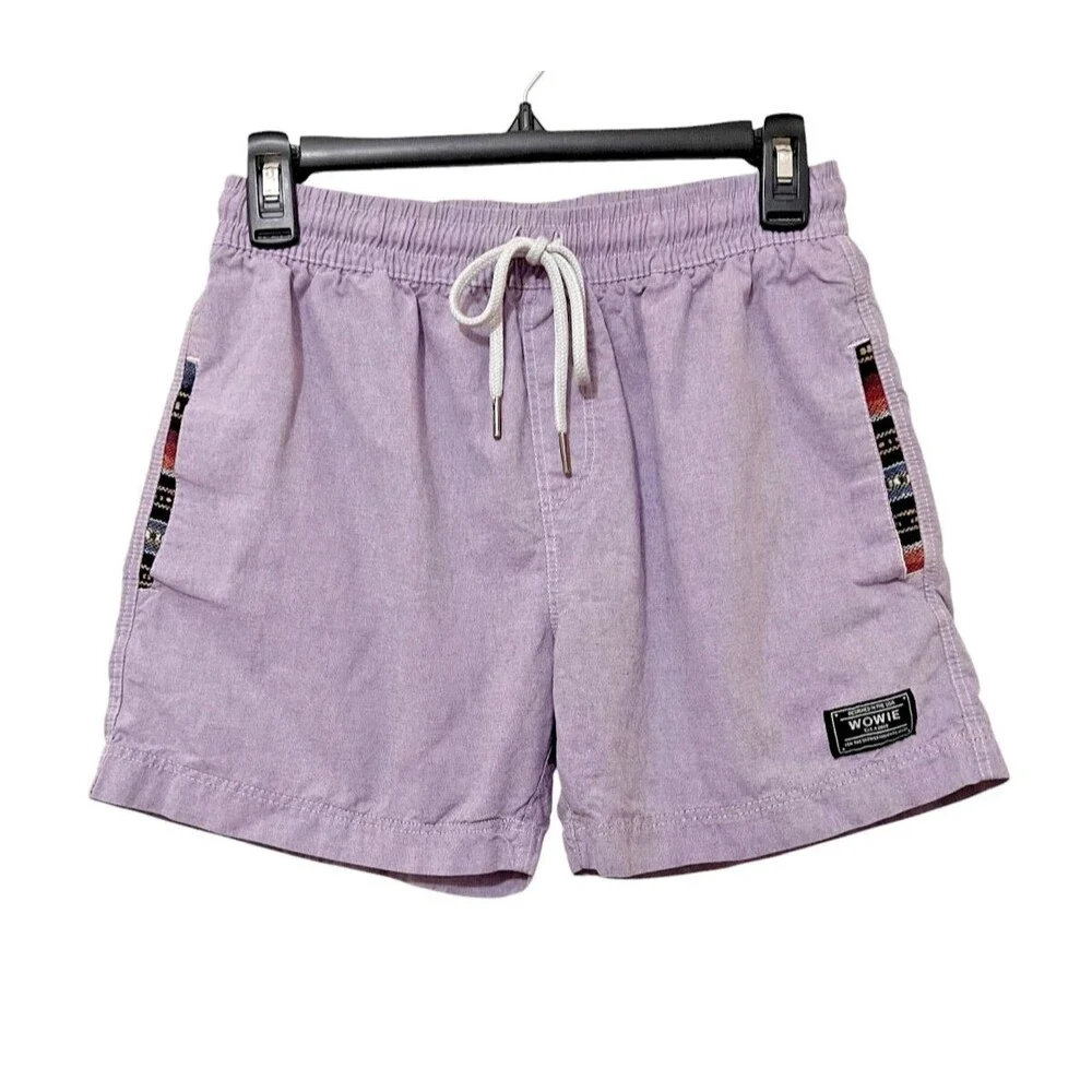 WOWIE Men's OG Casual Shorts Purple Lavender Aztec Trim Cotton Blend 4.5" Small - Picture 1 of 4